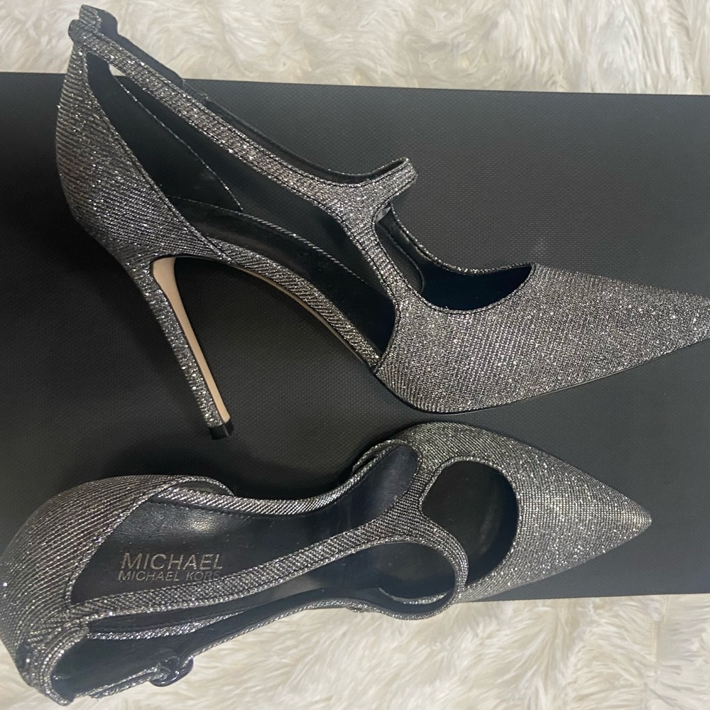 MICHAEL KORS CERSEI HIGH HEEL STILETTO SLINGBACK GLITTER SILVER CUTOUT PUMP